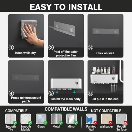 Multifunctional Wall-Mounted Toothbrush Holder, Automatic Toothpaste Dispenser Space Saving Toothbrush and Toothpaste Holder, with 2 Cup and Cosmetic Organizer (Gray 2Cup)
