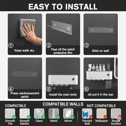 Multifunctional Wall-Mounted Toothbrush Holder, Automatic Toothpaste Dispenser Space Saving Toothbrush and Toothpaste Holder, with 2 Cup and Cosmetic Organizer (Gray 2Cup)