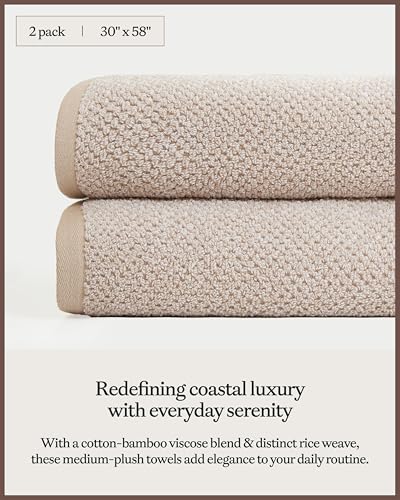 Cozy Earth Nantucket 60% Cotton 40% Viscose from Bamboo Bath Towel | 600 GSM Plush and Fast-Drying with Rice Weave Pattern, 2 Pack 30" x 58" Luxury Bath Towel, Sand - color: Heathered Sand, size: Bath Towel