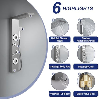 ROVATE 5 in 1 Rainfall Shower Panel Tower with Tub Spout, Brushed Finish | Stainless Steel Shower Column with 2-Setting Body Massage Jets, Flexible Handheld and Waterfall Tub Spout - color: Brushed Finish
