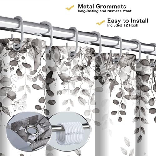 Extra Long Gray Eucalyptus Shower Curtain 72X84 Inch, Black and White Watercolor Plants Leaves Bathroom Curtains, Botanical Foliage Waterproof Fabric Cloth Shower Curtain Set with Hooks - color: Black, size: 72"W x 84"L (Pack of 1)