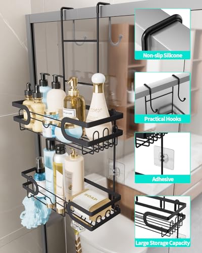 HapiRm Hanging Shower Caddy Over the Door with 14 Hooks and Soap Holder, No Drilling Adhesive Shower Storage, Rustproof & Waterproof Stainless Steel Bathroom Shelves - Black - color: C-Black