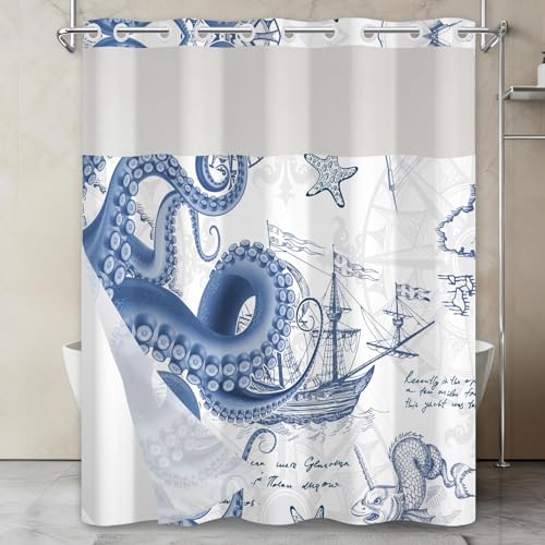 No Hook Shower Curtain and Liner Set, Nautical Navy Blue Shower Curtain with Translucent Window, Double-Layer Waterproof Bathroom Shower Fabric Curtains, Retro Coastal Octopus Pattern, 71x74 Inches - color: Nautical Colossal Octopus