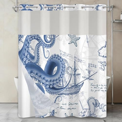 No Hook Shower Curtain and Liner Set, Nautical Navy Blue Shower Curtain with Translucent Window, Double-Layer Waterproof Bathroom Shower Fabric Curtains, Retro Coastal Octopus Pattern, 71x74 Inches - color: Nautical Colossal Octopus