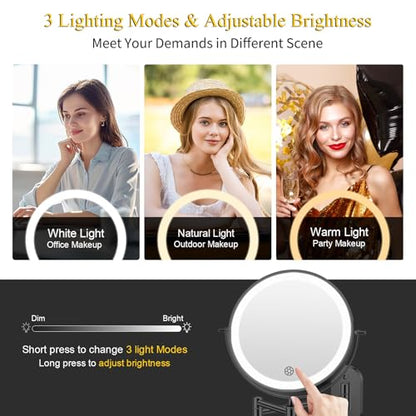 FUNTOUCH 5000mAh Rechargeable Wall Mounted Makeup Mirror with Lights 3X/20X | Double Sided Magnifying,3 Color Lights,Touch Dimmable, Extended Arm 360 Rotation Lighted Bathroom Mirror with Magnification - color: Metal Black