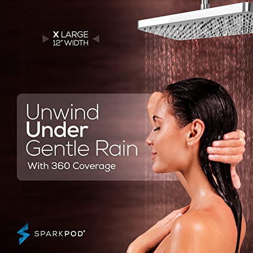 SparkPod 12 Inch Rectangle Rain Shower Head - Ceiling or Wall Mount Rainfall Shower Head - Large Coverage Showerhead - Brass Ball Joint with 360° Adjustment - 1-Min Install (Luxury Polished Chrome) - color: 1 - Luxury Polished Chrome 12 Inch Rectangle, st