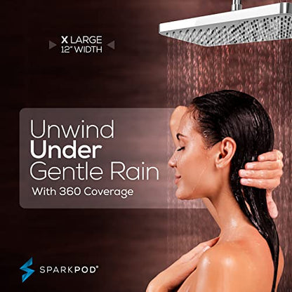 SparkPod 12 Inch Rectangle Rain Shower Head - Ceiling or Wall Mount Rainfall Shower Head - Large Coverage Showerhead - Brass Ball Joint with 360° Adjustment - 1-Min Install (Luxury Polished Chrome) - color: 1 - Luxury Polished Chrome 12 Inch Rectangle, st