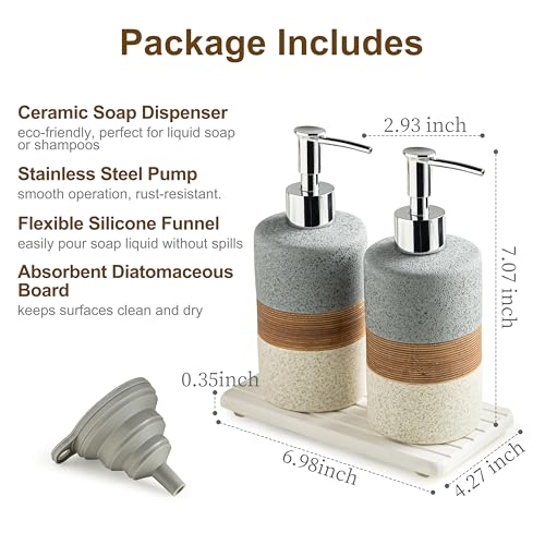 Ceramic Soap Dispenser Set of 2, Hand and Dish Soap Dispenser Set | Shower Shampoo Soap Dispenser for Bathroom, Kitchen | Stainless Steel Pump, Silicone Funnel and Diatomaceous Tray, 12 oz Gray - color: Gray and White, size: 2xSoap Dispenser Set with Tray