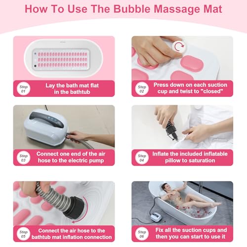 Bubble Bath Massager Mat with 6-Level Adjustment & Remote Control | Upgraded anti-slip suction cup，Inflatable pillow，Portable storage，Relieve muscle soreness and fatigue - color: Pink