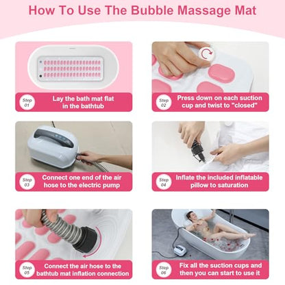 Bubble Bath Massager Mat with 6-Level Adjustment & Remote Control | Upgraded anti-slip suction cup，Inflatable pillow，Portable storage，Relieve muscle soreness and fatigue - color: Pink