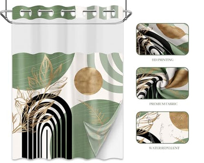 Sage Green Hookless Shower Curtain with Snap in Liner, Boho Mid Century Black and Light Green No Hook Double Layer Shower Curtains and Liner Set, Waterproof Cloth Fabric，60" W X 74" L - color: Green, size: 60"W x 74"L (Pack of 1)