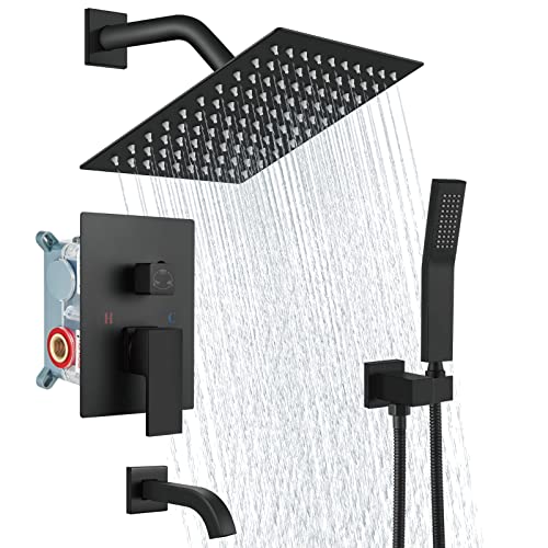 Aolemi Shower Faucet Set with Tub Filler Handheld 8" Head Matte Black | Shower Valve and Trim Kit,Handheld Spray,Tub Spout,Single Handle,SUS304,Bathroom Mixer for Remodeling - color: Black, size: 8 Inch Shower Head