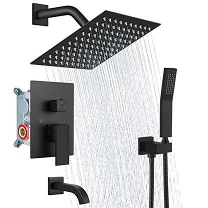 Aolemi Shower Faucet Set with Tub Filler Handheld 8" Head Matte Black | Shower Valve and Trim Kit,Handheld Spray,Tub Spout,Single Handle,SUS304,Bathroom Mixer for Remodeling - color: Black, size: 8 Inch Shower Head