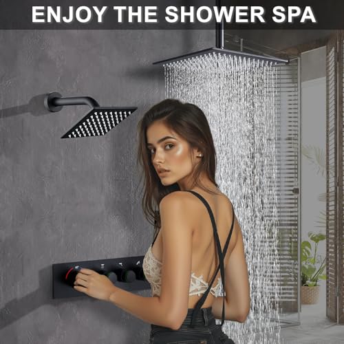 Shower System Brass Thermostatic Shower Faucet Set With Valve and Diverter Shower Mixer With Rain Head and Handheld High Pressure Square Rainfall - color: Matte Black, style: 12+6'' Wall Mount Thermostatic Valve