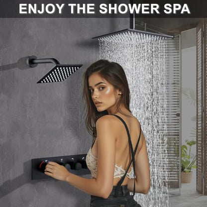 Shower System Brass Thermostatic Shower Faucet Set With Valve and Diverter Shower Mixer With Rain Head and Handheld High Pressure Square Rainfall - color: Matte Black, style: 12+6'' Wall Mount Thermostatic Valve