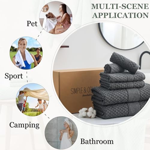 Simple&Opulence 6 Piece Luxury Towel Set, 100% Cotton Bathroom Towels with Hanging Loop (2 Bath Towels, 2 Hand Towels, 2 Washcloths) Stylish, Soft & Absorbent for Home, Hotel, Gym, Spa-Dark Grey - color: Dark Grey-6 Set