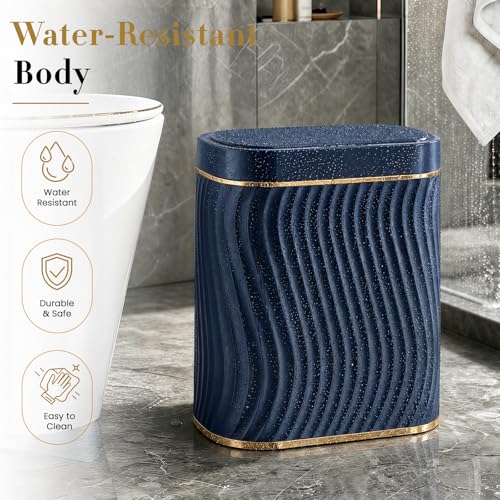 Ogikey Bathroom Small Trash Can with Automatic Touchless Lid, 2.6 Gallon Smart Garbage Can Narrow Waterproof Trash Bin for Bedroom, Office, Living Room - color: 2.6 gallon-Gold Blue