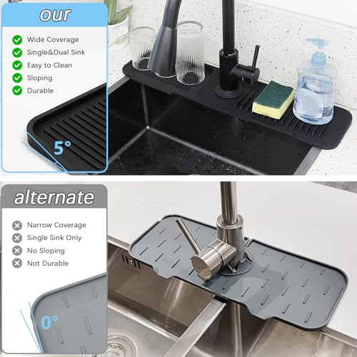 5° Slope Kitchen Sink Faucet Mat, Kitchen Sink Splash Guard, Silicone Material Easy to Clean, 24*5.5 inch Large Size, Suitable for Bathroom, Laundry Room and RV,black - color: Black