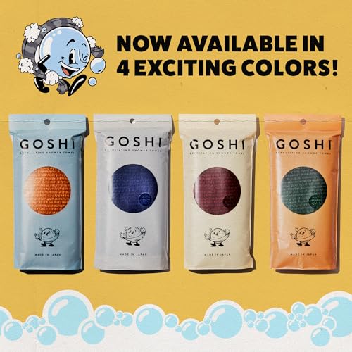 GOSHI Exfoliating Shower Towel - Long Body Scrubber, Orange | For back acne, KP & smooth skin, durable quick dry nylon washcloth, ethically crafted in Gunma, Japan - color: Yellow