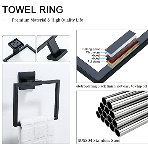 TQKAG Matte Black Towel Ring, Bathroom Hand Towel Holder, Wall Mount | 5.5 Inch, Square Towel Ring, SUS304 Stainless Steel, Easy Installation, Bathroom Kitchen Entryway Vanity Sink - color: Black