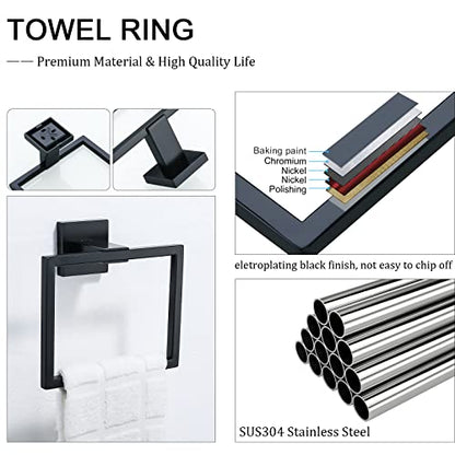 TQKAG Matte Black Towel Ring, Bathroom Hand Towel Holder, Wall Mount | 5.5 Inch, Square Towel Ring, SUS304 Stainless Steel, Easy Installation, Bathroom Kitchen Entryway Vanity Sink - color: Black