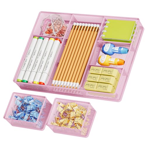 Marbrasse 3 Packs Desk Drawer Organizers, Metal Mesh Dividers with 9 Adjustable Compartments, Pen Organizer for Drawer Tray Box Accessories for Desktop,Kitchen, Makeup(Pink) - color: Pink