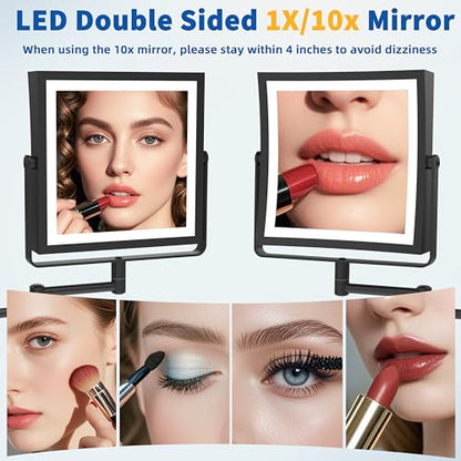 Ruacq Wall Mounted Makeup Mirror with Lights 1X/10X Dual Sided Matte Black | 8",4000mAh Rechargeable,Magnification,3 Color,Touch Screen Dimmable,360° Rotation Extension Foldable Arm, Square, Women Gift - color: Matte Black