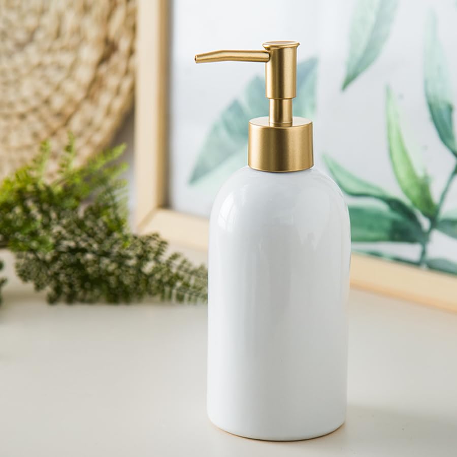 2Pack Ceramic Soap Dispenser White with Gold Pump,Simple Design Cylindrical Lotion Dispenser Bottle,Refillable Liquid Hand Soap Dispenser for Kitchen,Bathroom,Washroom - color: 2pcs White（a）