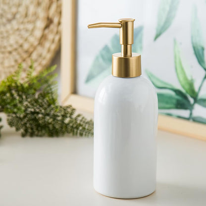 Ceramic Soap Dispenser White with Gold Pump,Simple Design Cylindrical Lotion Dispenser Bottle,Refillable Liquid Hand Soap Dispenser for Kitchen,Bathroom,Washroom - color: White（a）