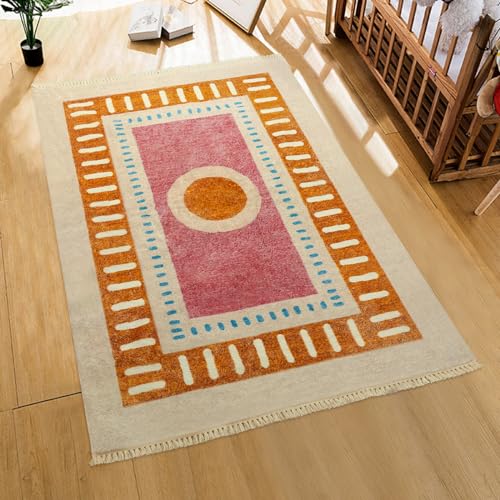 Lukinbox Boho Area Rugs for Bedroom, 4x6 Sun Washable Living Room Rug, Super Soft Non-Slip Colorful Circular Rainbow Rug for Kids Room Playroom Nursery Room Dinning Room - size: 3'11" x 5'11" (Rectangular)