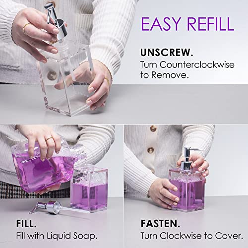 Clear Acrylic Reusable Kitchen & Bathroom Hand Sanitizer Dispenser with Rust Proof Stainless Steel Pump, Square Soap Dispenser Set | 12 oz - style: 2 Pack / Soap Dispenser
