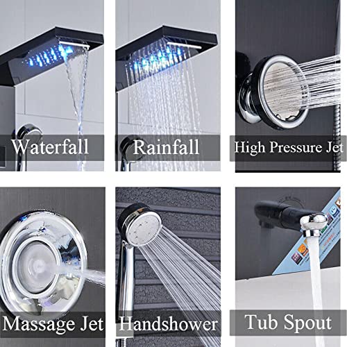 LED Light Shower Panel Tower Rainfall Waterfall Shower Head with Massager Jets Body System Jet