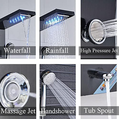 LED Light Shower Panel Tower Rainfall Waterfall Shower Head with Massager Jets Body System Jet