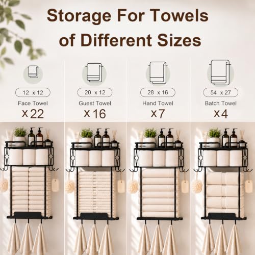 Towel Racks for Bathroom 23.8 Inch Wall Mounted Towel Rack with Shelf, Small Bathroom Towel Storage Holds 3–6 Large Rolled Towels, Metal Wall Towel Rack, Black - size: 23.8inch