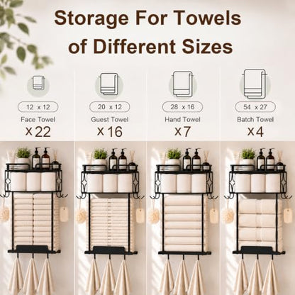 Towel Racks for Bathroom 23.8 Inch Wall Mounted Towel Rack with Shelf, Small Bathroom Towel Storage Holds 3–6 Large Rolled Towels, Metal Wall Towel Rack, Black - size: 23.8inch