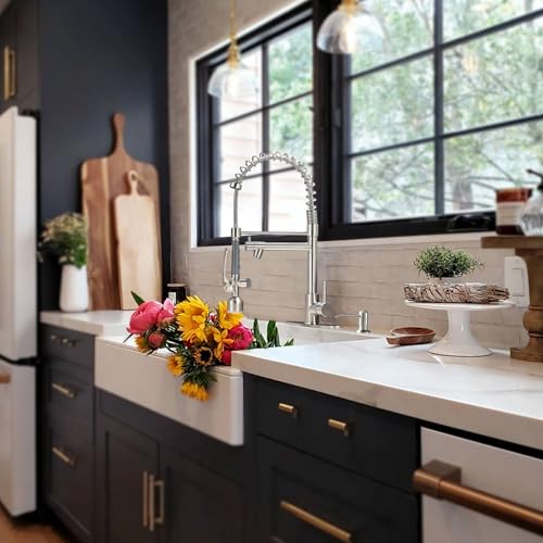 Fapully Commercial Kitchen Faucets with Pull Down Sprayer Brushed Nickel | Kitchen Sink Faucet with Soap Dispenser and Deck Plack,Single Handle 4 Hole Faucet for Kitchen Sink, 360° Swivel - color: Brushed Nickel, style: Rustic