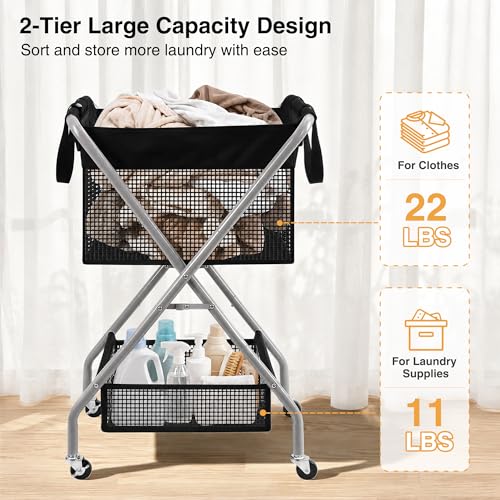 STO STO 2-Tier Foldable Laundry Cart with Wheels, 75L Tall Rolling Laundry Hamper, Collapsible Laundry Basket with Removable Bag, Rust-Resistant Steel Frame for Laundry Room, Bathroom, Dorm, Black