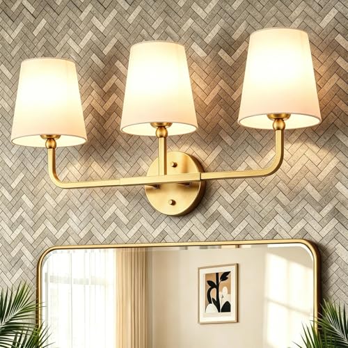 MOKATNG Bathroom Light Fixtures, 3-Light Brushed Gold Vanity Lights, Bathroom Lighting Fixtures Over Mirror with Flared White Fabric Shade, Modern Wall Sconces for Living Room Hallway - color: Brushed Gold & White Shade