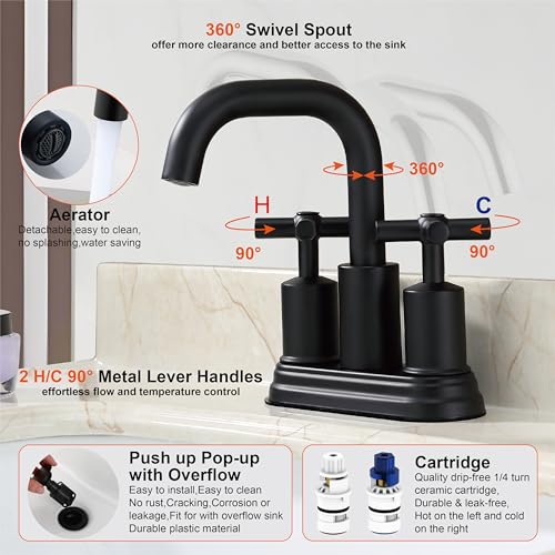 Two Handle Lavatory Faucet 4-inch Centerset Bathroom Sink Faucets with Drain Assembly for 3 Hole Sink Matte Black Finish DF-4303CCH-MT Duttao - color: Matte Black