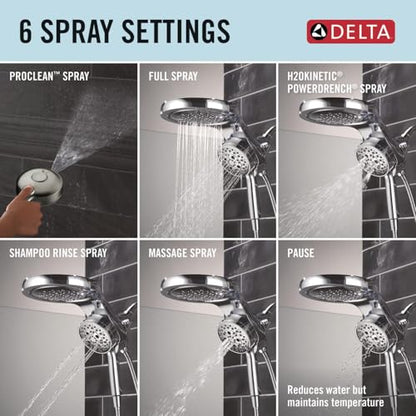 Delta 6-Setting HydroRain Premium 2-in-1 Dual Shower Head with ProClean Spray, Chrome High Pressure Shower Head with Handheld Spray, 1.75 GPM Flow Rate, Lumicoat Chrome 56000-PR25 - color: Lumicoat Chrome