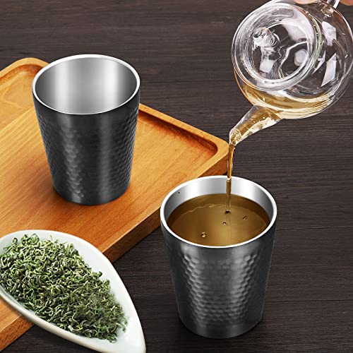 Stainless Steel Cups 2 Packs 10oz/300ml Stackable Double Wall Insulated Metal Shatterproof Cups Titanium-Plated Diamond Textured Surface Heat Resistant Dishwasher Safe (Black) - color: Black - 2 Packs
