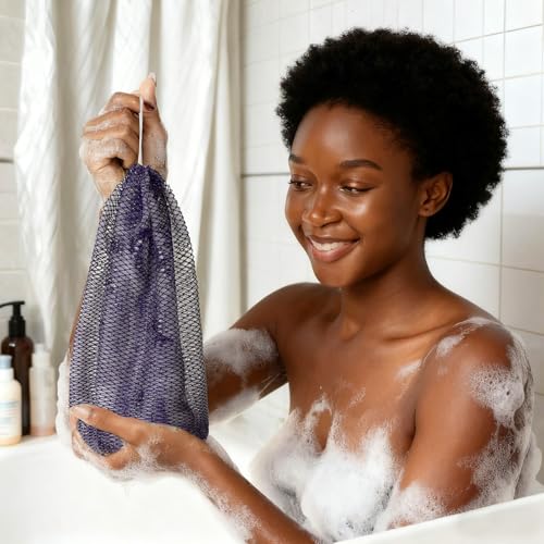 Bathway African Net Sponge Authentic with Handles (Set of 2), African Exfoliating Net Sponge, Exfoliating Body Scrubber Bath Sponge - Bathing Accessories with Storage Bag (Purple & Green) - color: Purple & Green