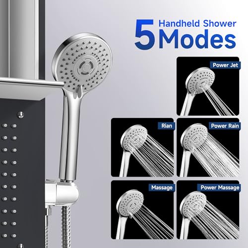 Shower Panel System, Multi-Function Shower Tower With 4 Body Spray, 5 Handheld Settings, Shelf & Adjustable Height, Rainfall + Waterfall Shower Head