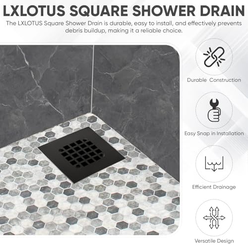 4-1/4” Square Snap-in Matte Black Shower Drain - Stainless Steel Replacement - 4.25 inch Durable Floor Cover -Snap-in - Easy Installation Universal Grate Strainer - color: Black