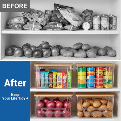 3 Set Pantry Organizers and Storage with Bamboo Lids, Stackable Clear Plastic Bins with Handles and Removable Front Baffle for Potato, Onion, Garlic, Fruit, Vegetables, Kitchen Counter and Under Sink