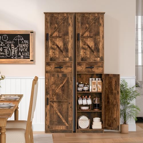TEENFON Tall Bathroom Cabinet, Storage Cabinet with 6 Shelves & Drawer, Bathroom Storage Cabinet with Adjustable Shelves, Tall Cabinet for Living Room, Home Office, Brown - color: Brown