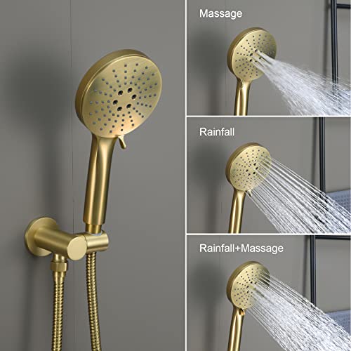 Iriber Shower System Wall Mounted Shower Faucet Mixer Set with Luxury High Pressure Shower head and 3-Setting Handheld, Bathroom Shower Trim Kit Contain Pressure Balance Valve,Brushed Gold - color: Brushed Gold