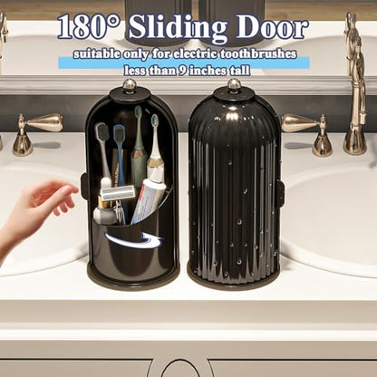 Toothbrush and Toothpaste Holders with Cover, Solid Black | Waterproof and Dustproof, 360° Rotating Base, Smooth Sliding Door, 3 Slots, for Bathroom Countertop - color: Solid Black