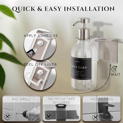 Shower Shampoo Dispenser Wall Mounted – Refillable 16.9 oz Clear Bottle with Stainless Steel Pump & No-Drill Adhesive Holder – Soap Dispenser for Bathroom (1 X Clear/Silver) - color: 1 X Clear/Silver