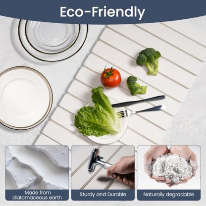Meowoo Stone Drying Mat for Kitchen Counter, 28.3"x15.7" Foldable Diatomaceous Earth Mat, Super Absorbent, Quick-Dry Bath & Kitchen Pad for Dishes, Cups, Bottles, Non-Slip, Fits Any Countertop - White - size: 28.3" x 15.7"